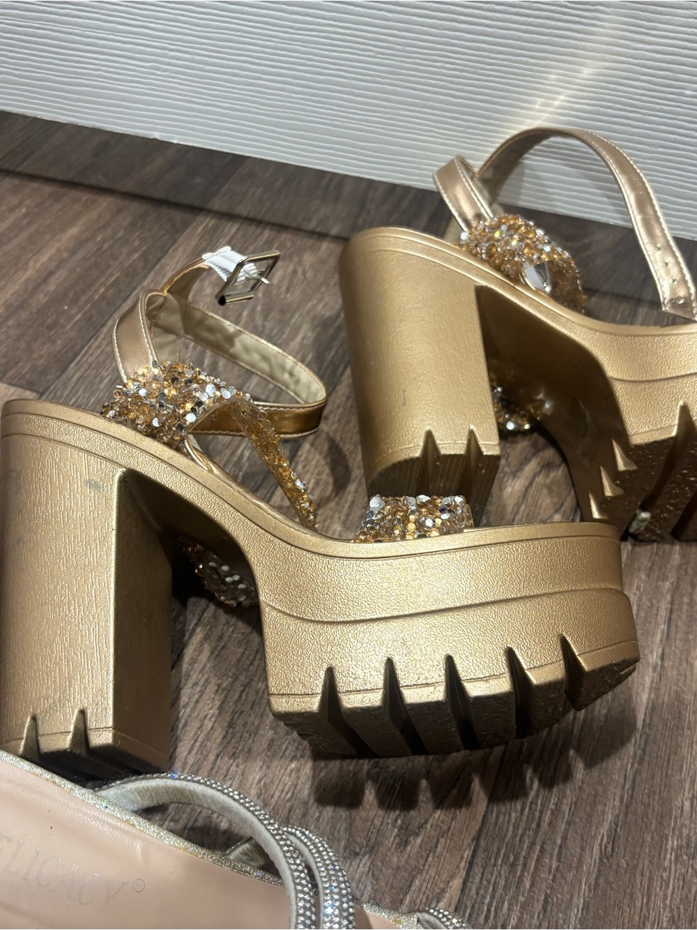 Gold Platform Chunky Heel Sandals with Crystal Strap